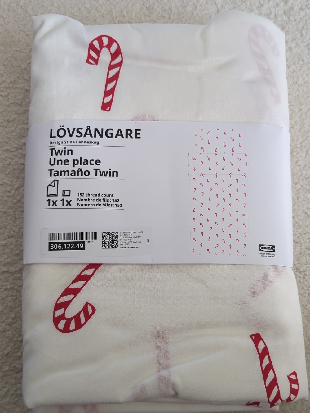 Twin Duvet Cover And Queen Pillow Case in Off-White and Red Candy Cane Print